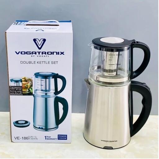 چایساز روهمی وگاتی مدل VE-186 کتری استیل قوری شیشه ای پیرکس (چایی ساز روی همی کنارهمی چای برقی وگاترونیکس میگل تفال بوش